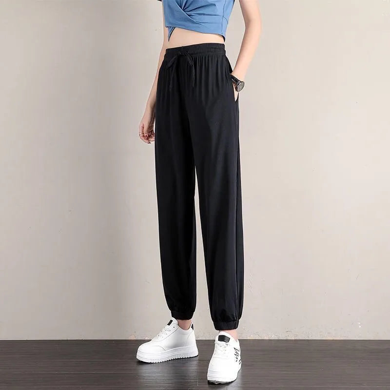 1pcs Summer Womens Silk Pants High Elastic Waist