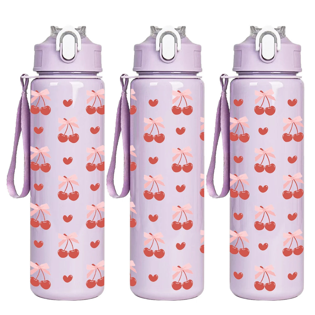Cute Cherry Print Plastic Water Bottle with Flip Straw Lid, Leakproof Portable Sports Tumbler with Carry Strap for Outdoor Trave