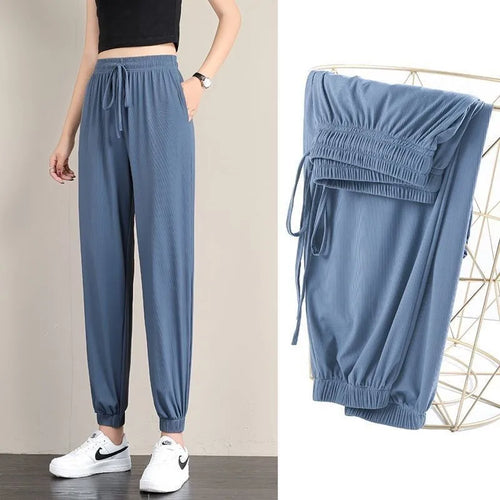 1pcs Summer Womens Silk Pants High Elastic Waist