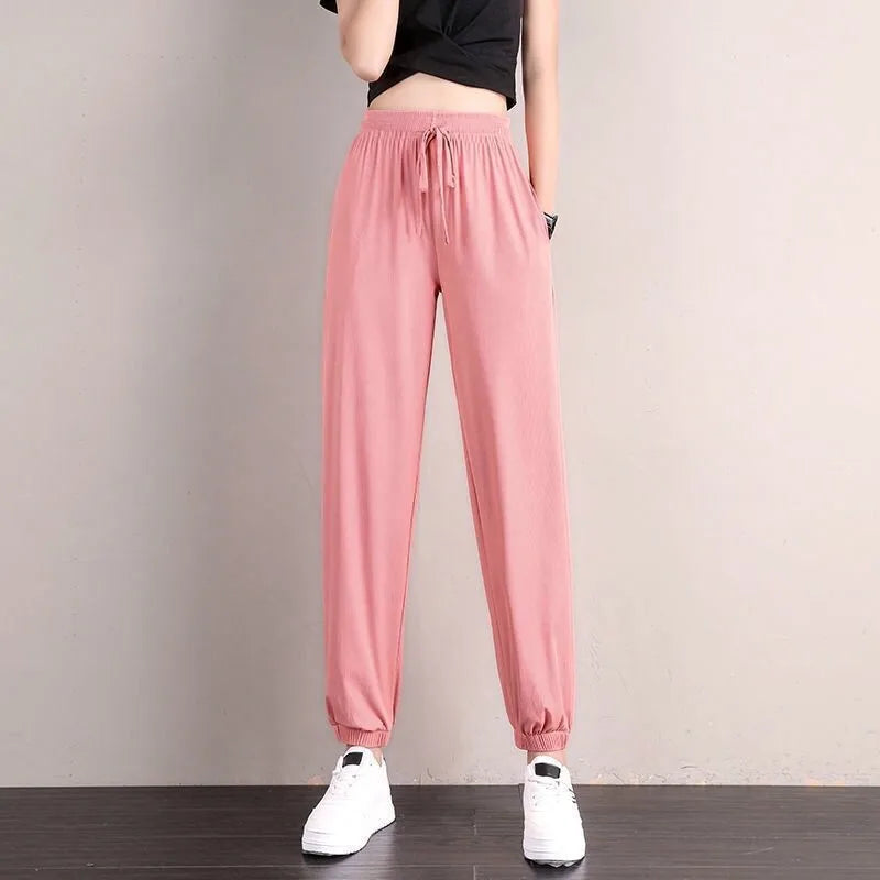 1pcs Summer Womens Silk Pants High Elastic Waist