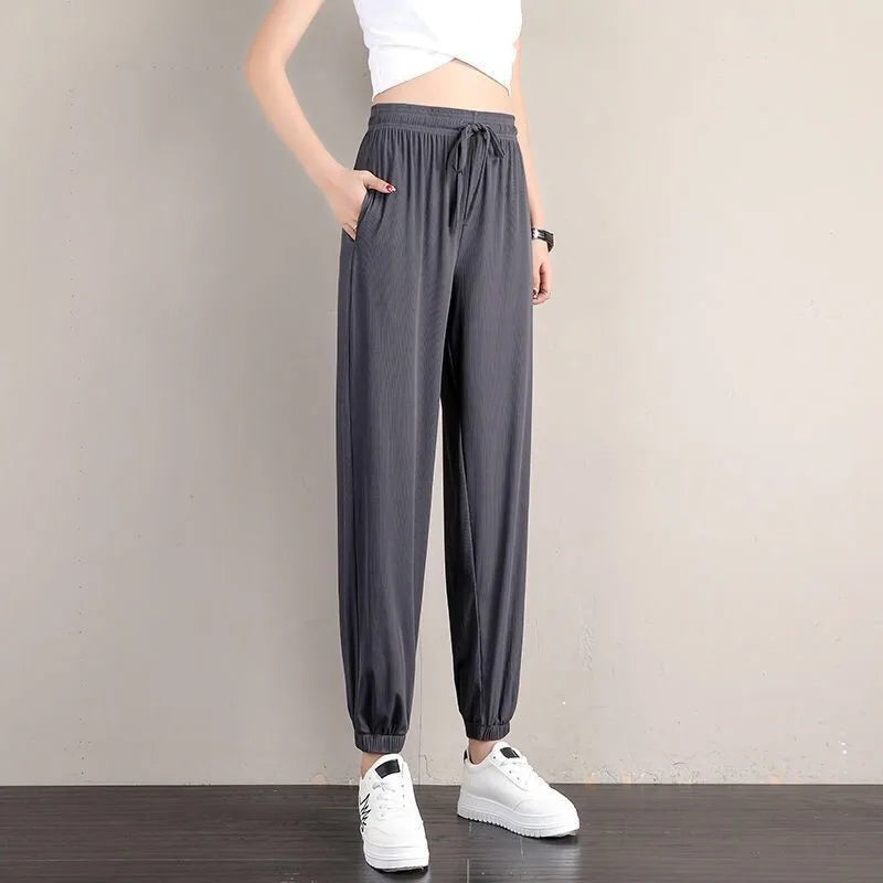 1pcs Summer Womens Silk Pants High Elastic Waist