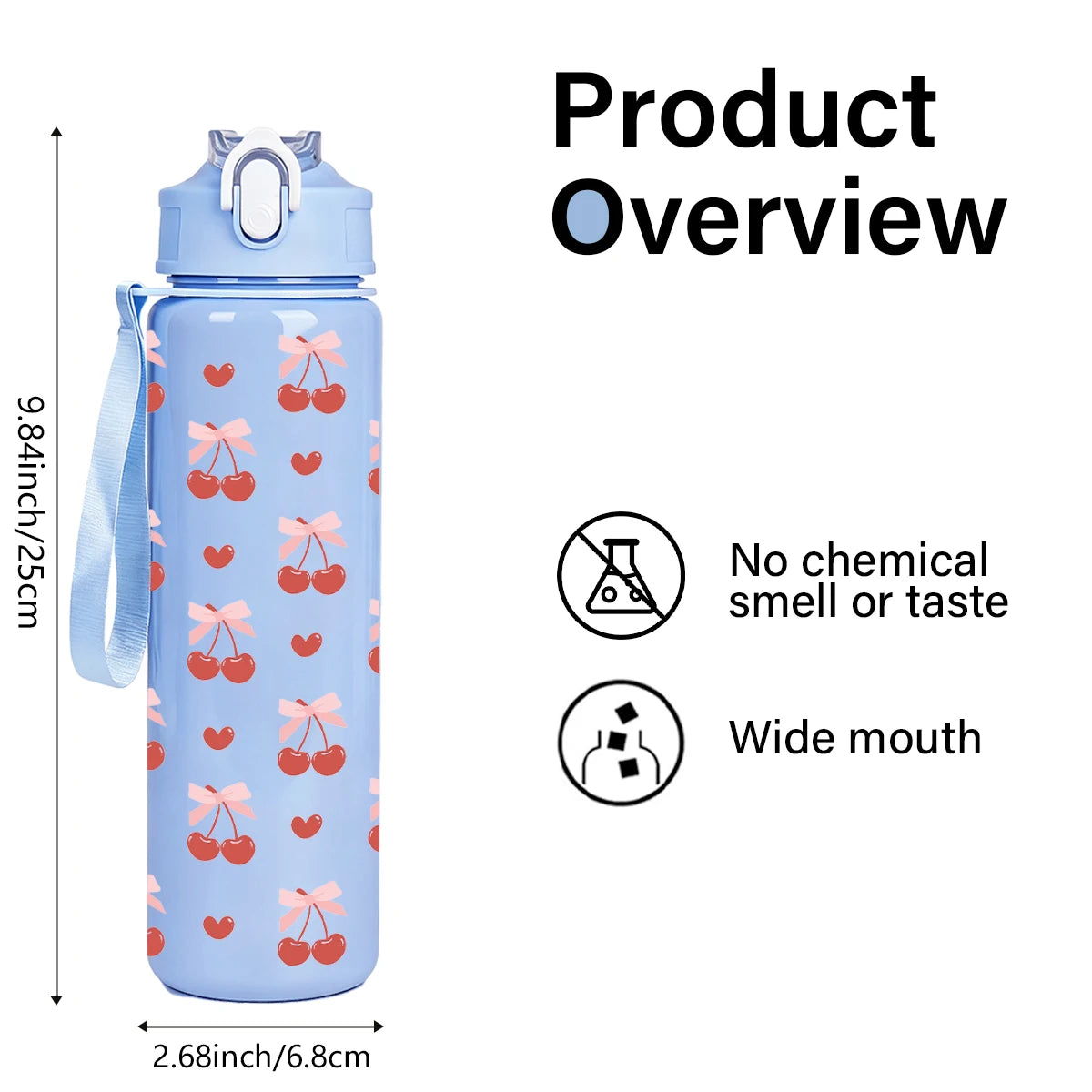 Cute Cherry Print Plastic Water Bottle with Flip Straw Lid, Leakproof Portable Sports Tumbler with Carry Strap for Outdoor Trave