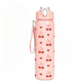 Cute Cherry Print Plastic Water Bottle with Flip Straw Lid, Leakproof Portable Sports Tumbler with Carry Strap for Outdoor Trave