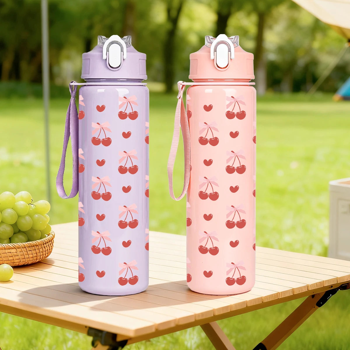 Cute Cherry Print Plastic Water Bottle with Flip Straw Lid, Leakproof Portable Sports Tumbler with Carry Strap for Outdoor Trave