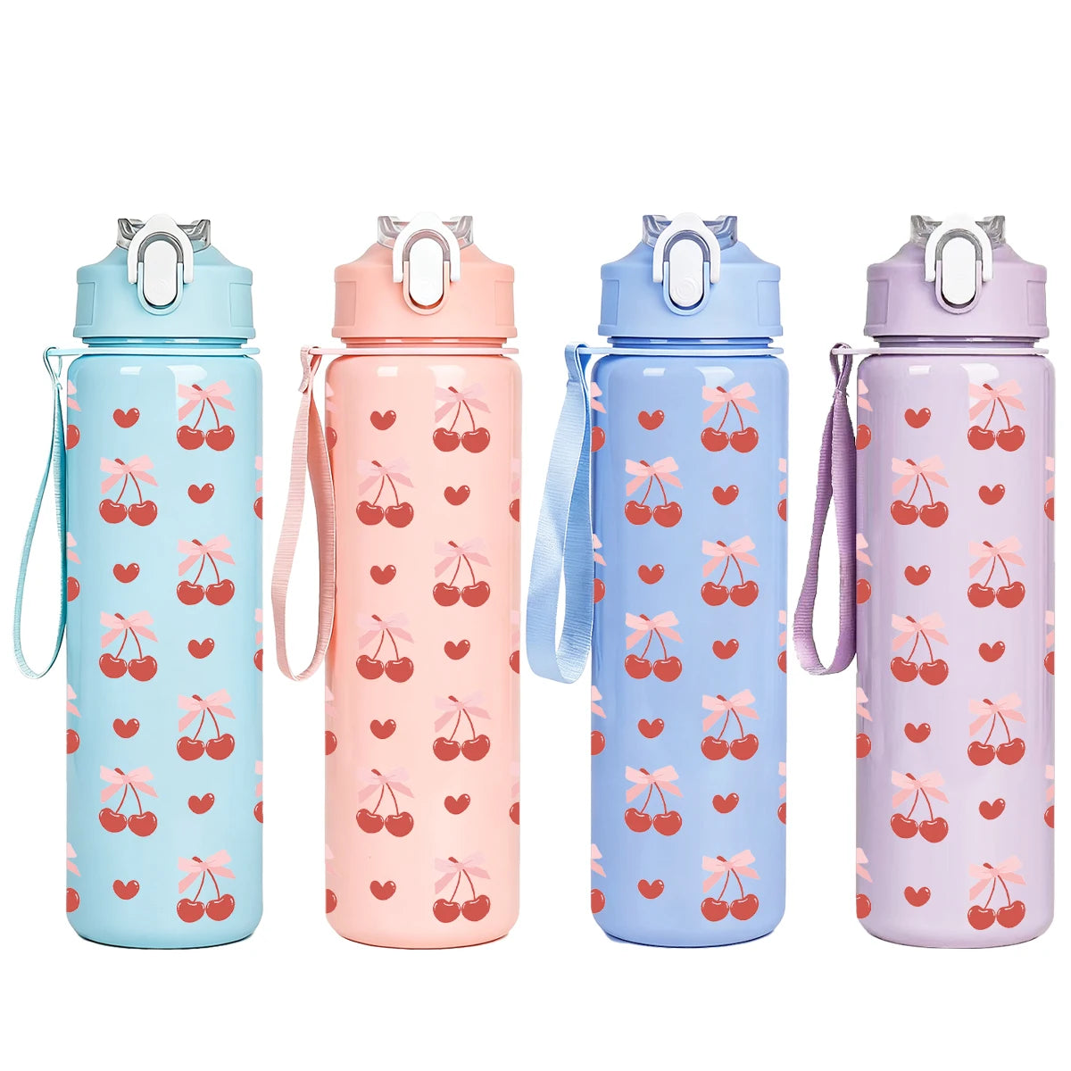 Cute Cherry Print Plastic Water Bottle with Flip Straw Lid, Leakproof Portable Sports Tumbler with Carry Strap for Outdoor Trave
