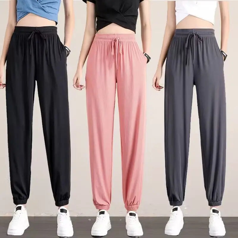 1pcs Summer Womens Silk Pants High Elastic Waist