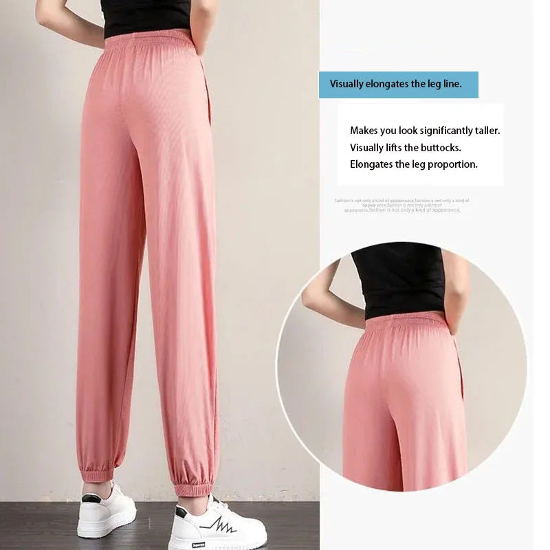 1pcs Summer Womens Silk Pants High Elastic Waist