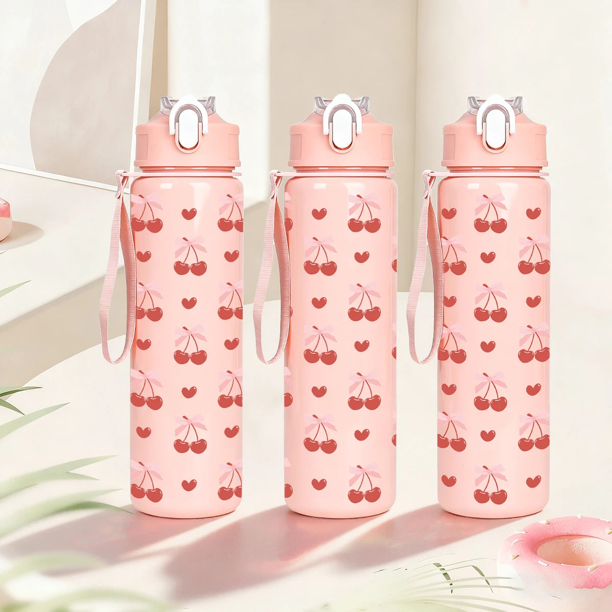 Cute Cherry Print Plastic Water Bottle with Flip Straw Lid, Leakproof Portable Sports Tumbler with Carry Strap for Outdoor Trave